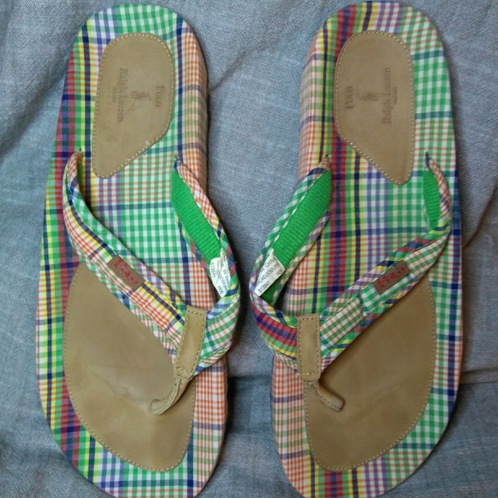 Polo Ralph Lauren plaid Madras flip flops 12D